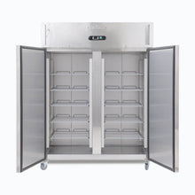 Double solid door S/S GN Storage Chiller, @38°, 1480w x830d x 2010d, 5 shelves