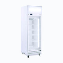 Single Glass door upright Freezer, 444 litres, fan assisted@32°, LED Eco, 635wx760dx2060h