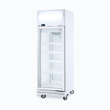Single Glass door upright Freezer, 444 litres, fan assisted@32°, LED Eco, 635wx760dx2060h