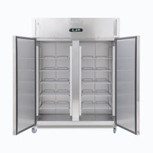 Double solid door S/S GN Storage Freezer, @38°, 1480w x830d x 2010d, 5 shelves