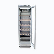 Wine Chiller, single curved glass door, 5 x wood shelves, 595w x 640d x 1840h