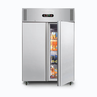 Double solid door S/S GN Storage Chiller, @38°, 1480w x830d x 2010d, 5 shelves
