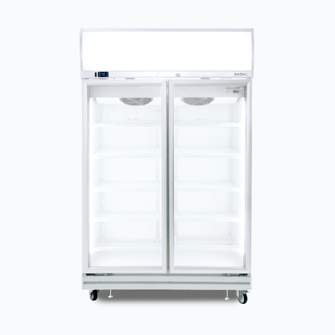 Chiller 2 x Glass doors, white, 976lt(gross), fan forced, LED's, 1260w x760x2060mm