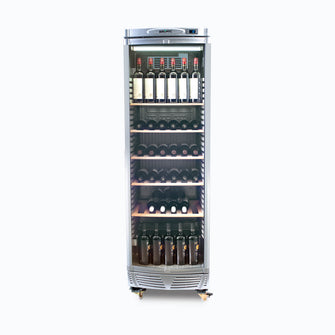 Wine Chiller, single curved glass door, 5 x wood shelves, 595w x 640d x 1840h